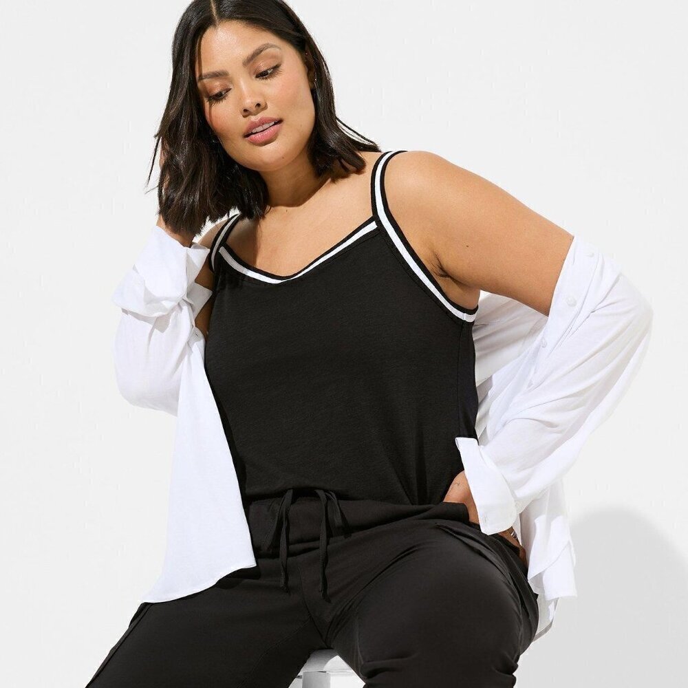 Torrid - Super Soft Slub Scoop Neck Varsity Cami in Deep Black​​​​​​​​​